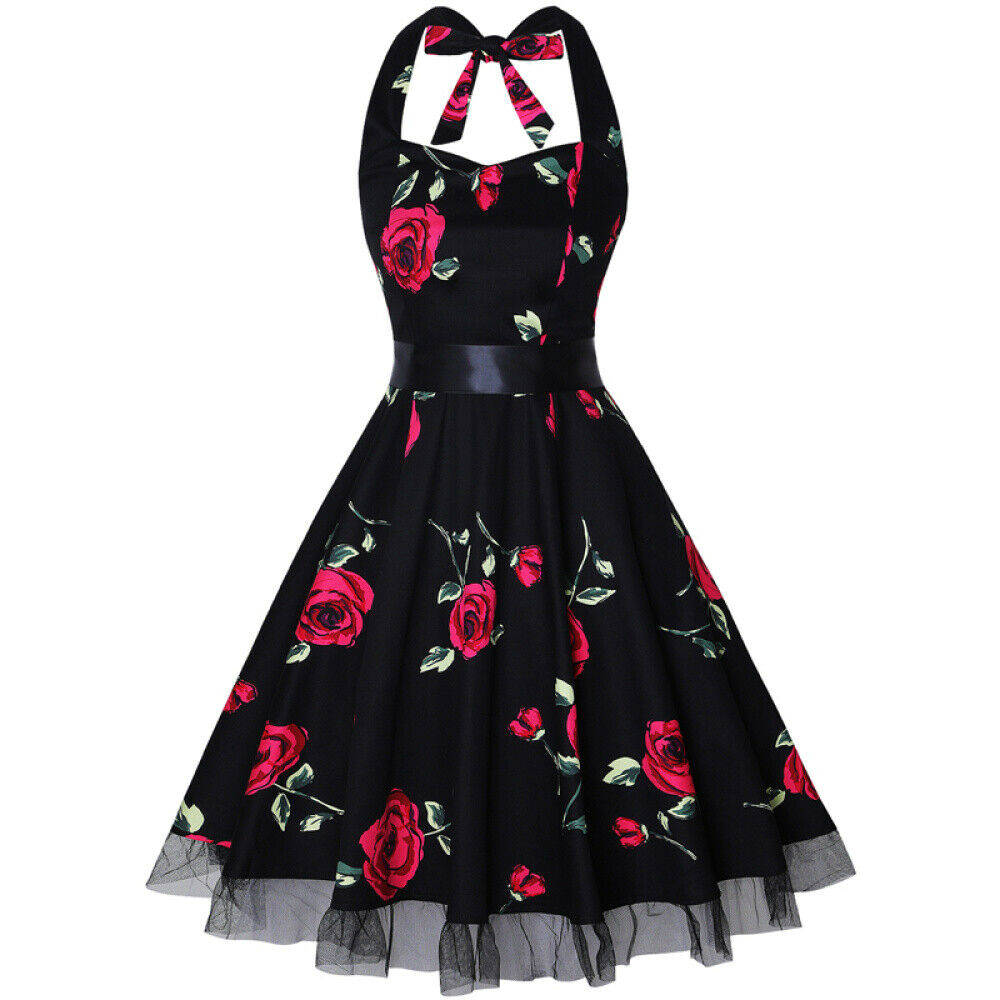 Women Vintage Halter 1950’s Rockabilly Pinup Dresses