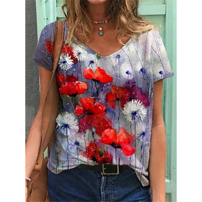 Short Sleeve V Neck Blouse Loose Top