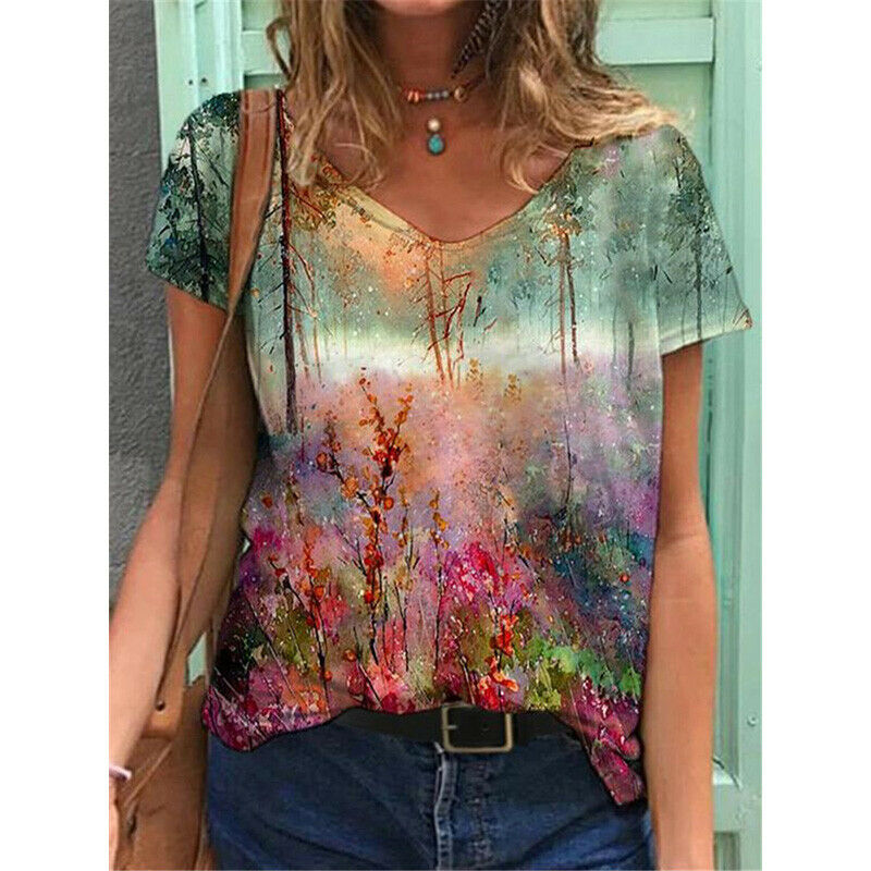 Short Sleeve V Neck Blouse Loose Top