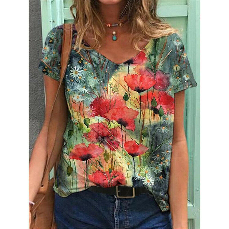 Short Sleeve V Neck Blouse Loose Top