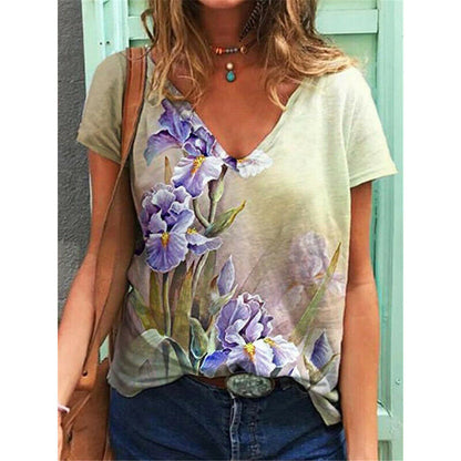 Short Sleeve V Neck Blouse Loose Top