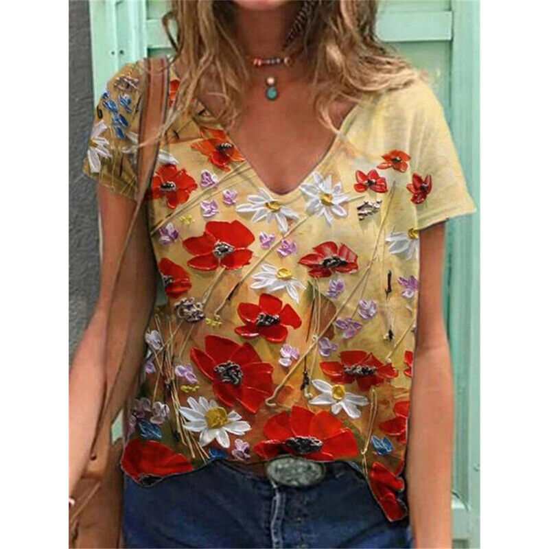 Short Sleeve V Neck Blouse Loose Top