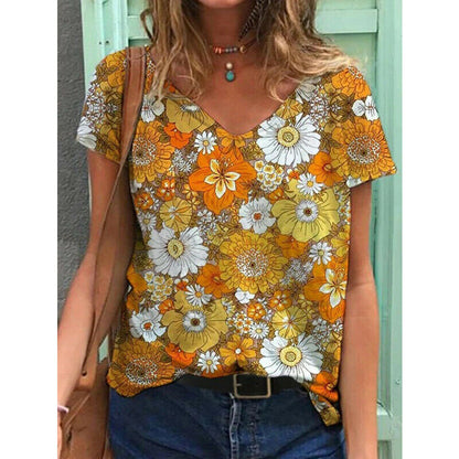 Short Sleeve V Neck Blouse Loose Top