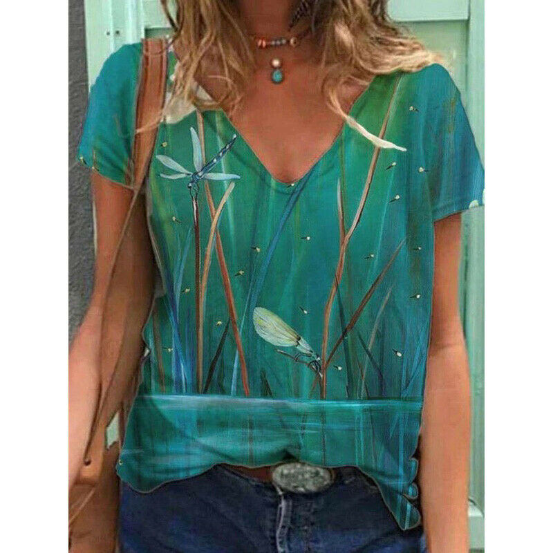 Short Sleeve V Neck Blouse Loose Top