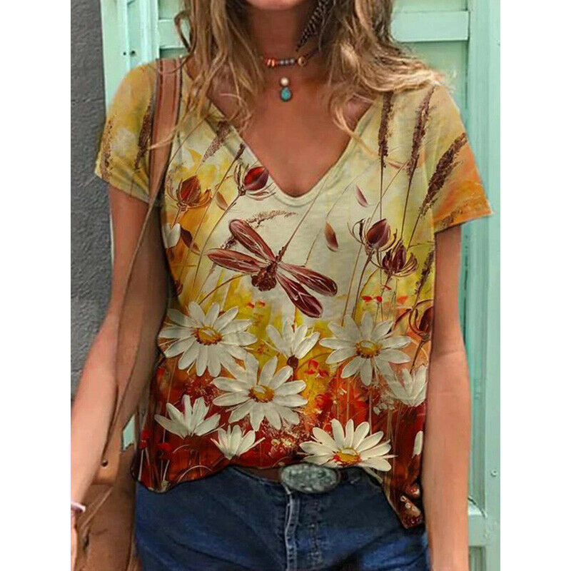 Short Sleeve V Neck Blouse Loose Top