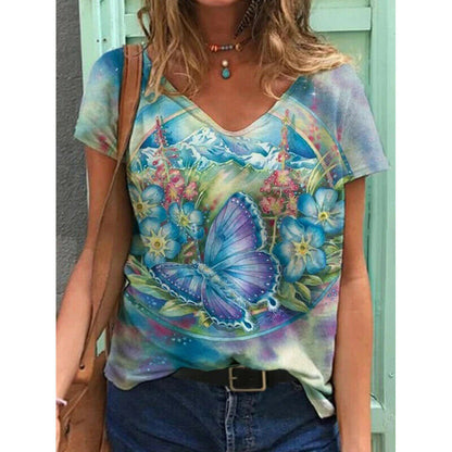 Short Sleeve V Neck Blouse Loose Top