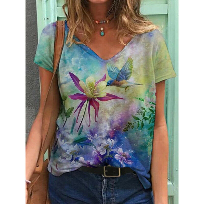 Short Sleeve V Neck Blouse Loose Top