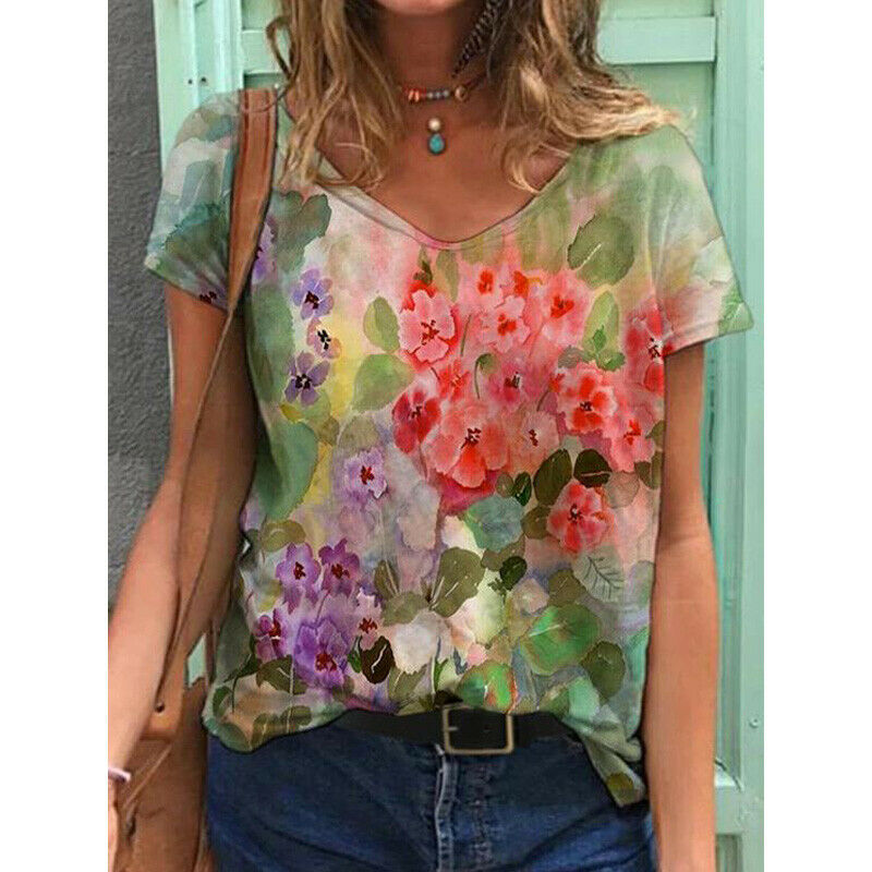 Short Sleeve V Neck Blouse Loose Top