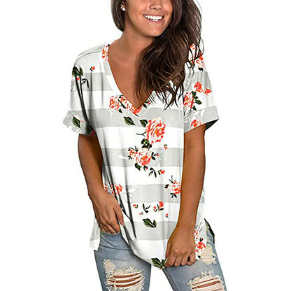 Short Sleeve V Neck Floral T Shirt