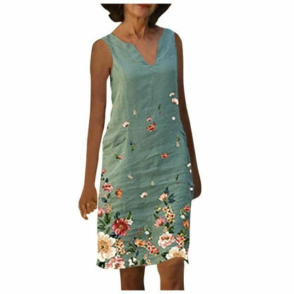 Sleeveless Floral Print Linen Casual Summer Dress