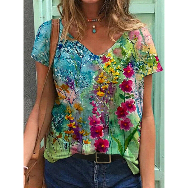 Short Sleeve V Neck Blouse Loose Top