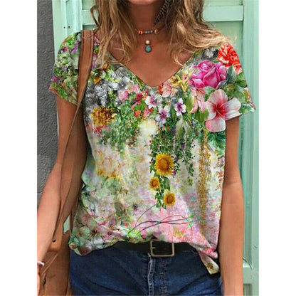 Short Sleeve V Neck Blouse Loose Top