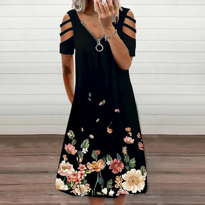 Women's Zipper V Neck Floral Print Dress