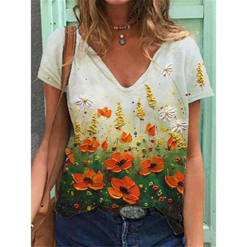 Short Sleeve V Neck Blouse Loose Top