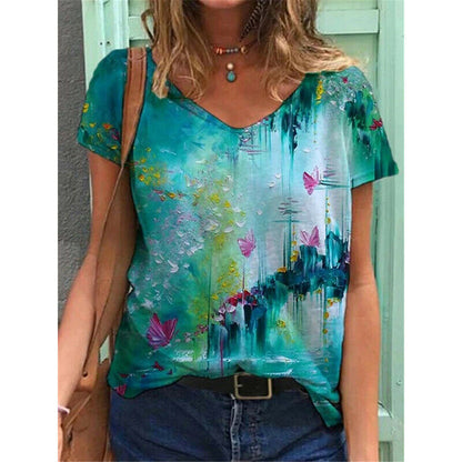 Short Sleeve V Neck Blouse Loose Top