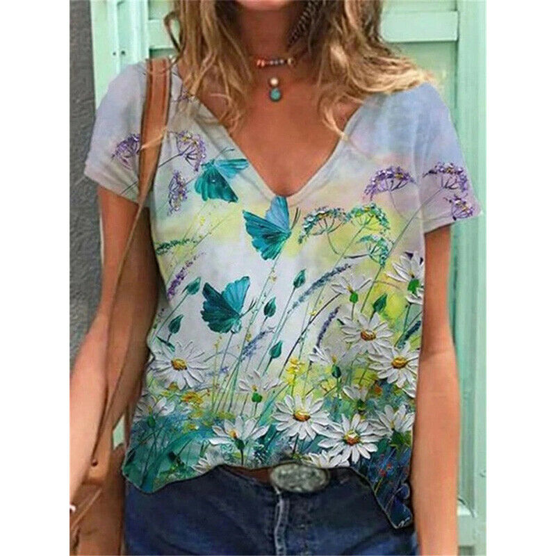 Short Sleeve V Neck Blouse Loose Top