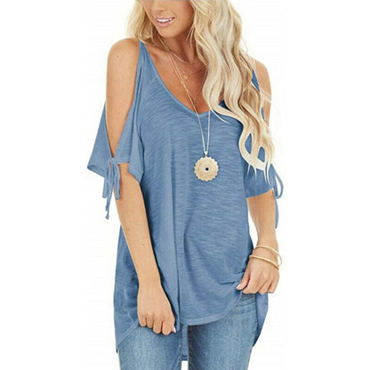 Cold Shoulder Short Sleeve Solid V Neck T Shirt