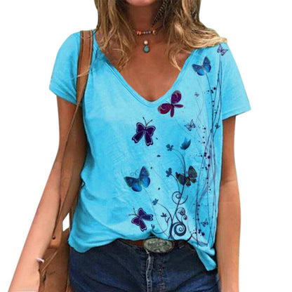 Butterfly Print V-Neck Short Sleeve Tops