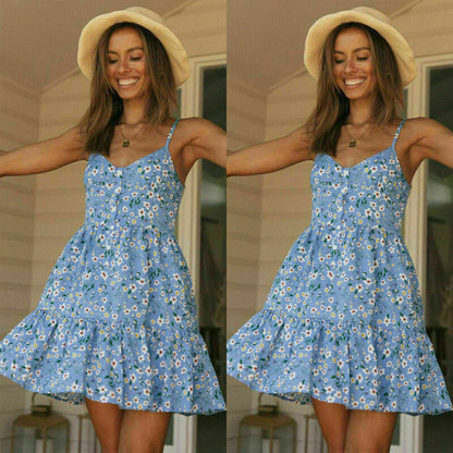 Floral Sleeveless V Neck Ruffle Swing Dress