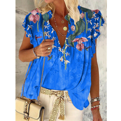 Casual Floral Short Sleeve V Neck Tops