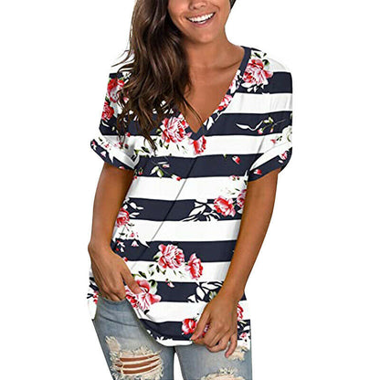 Short Sleeve V Neck Floral T Shirt