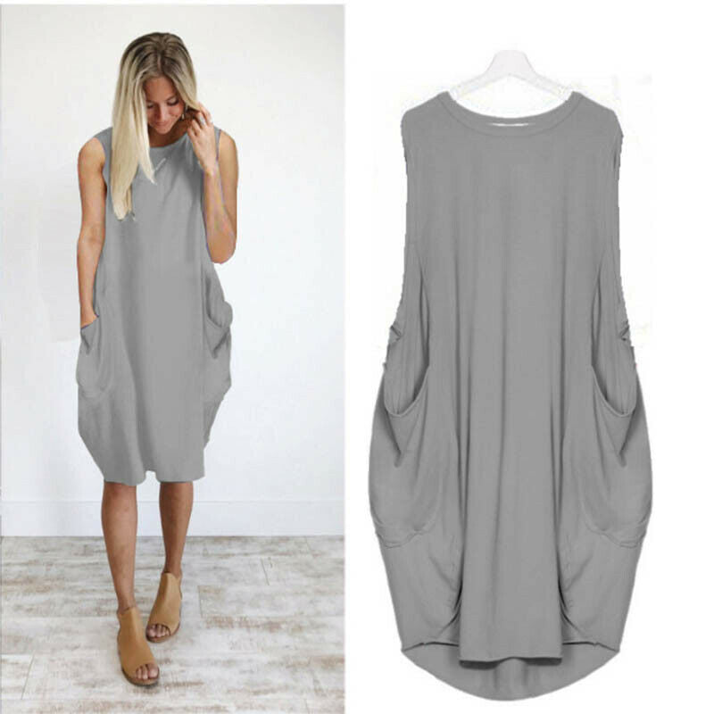 Solid Pockets Loose Tank Dress