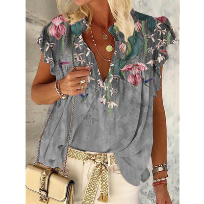 Casual Floral Short Sleeve V Neck Tops