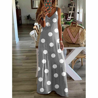 V Neck Dot Printing Casual Slim Loose Long Dress