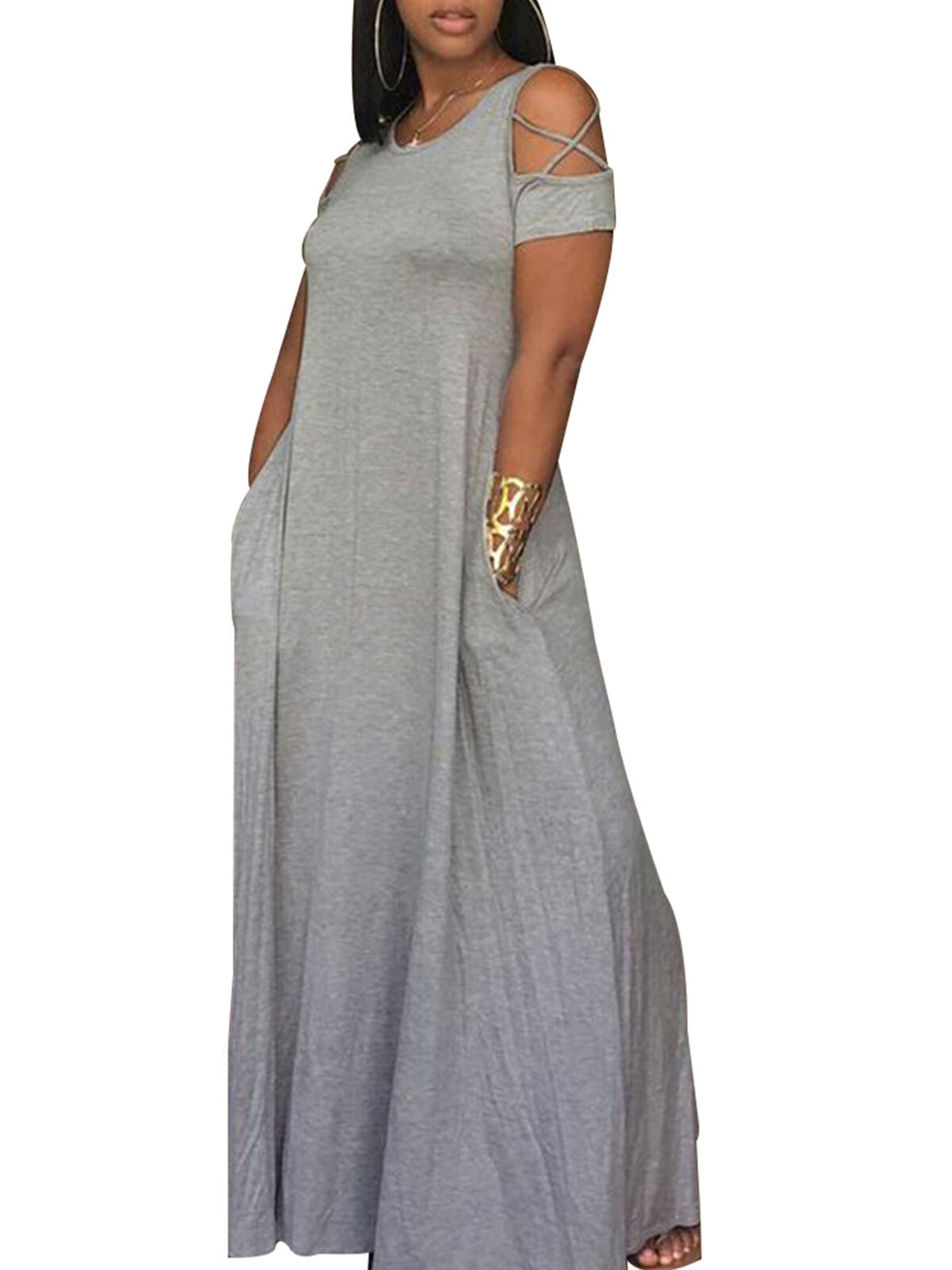 Cold Shoulder Short Sleeve Long Maxi Dress