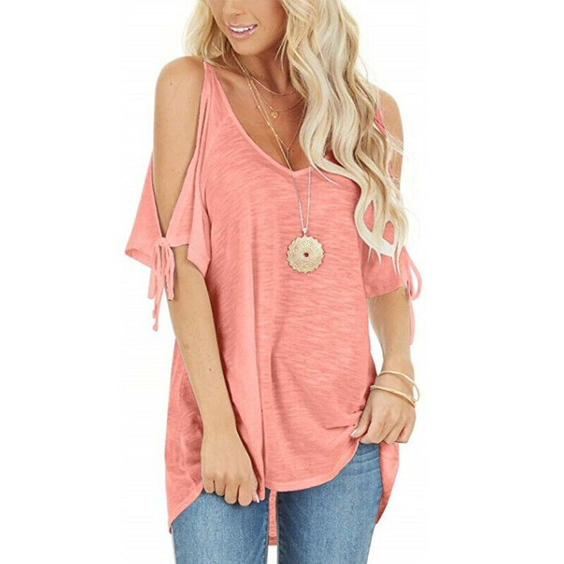 Cold Shoulder Short Sleeve Solid V Neck T Shirt