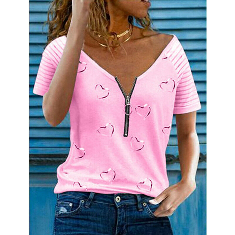 Zipper V Neck Short Sleeve T Shirt