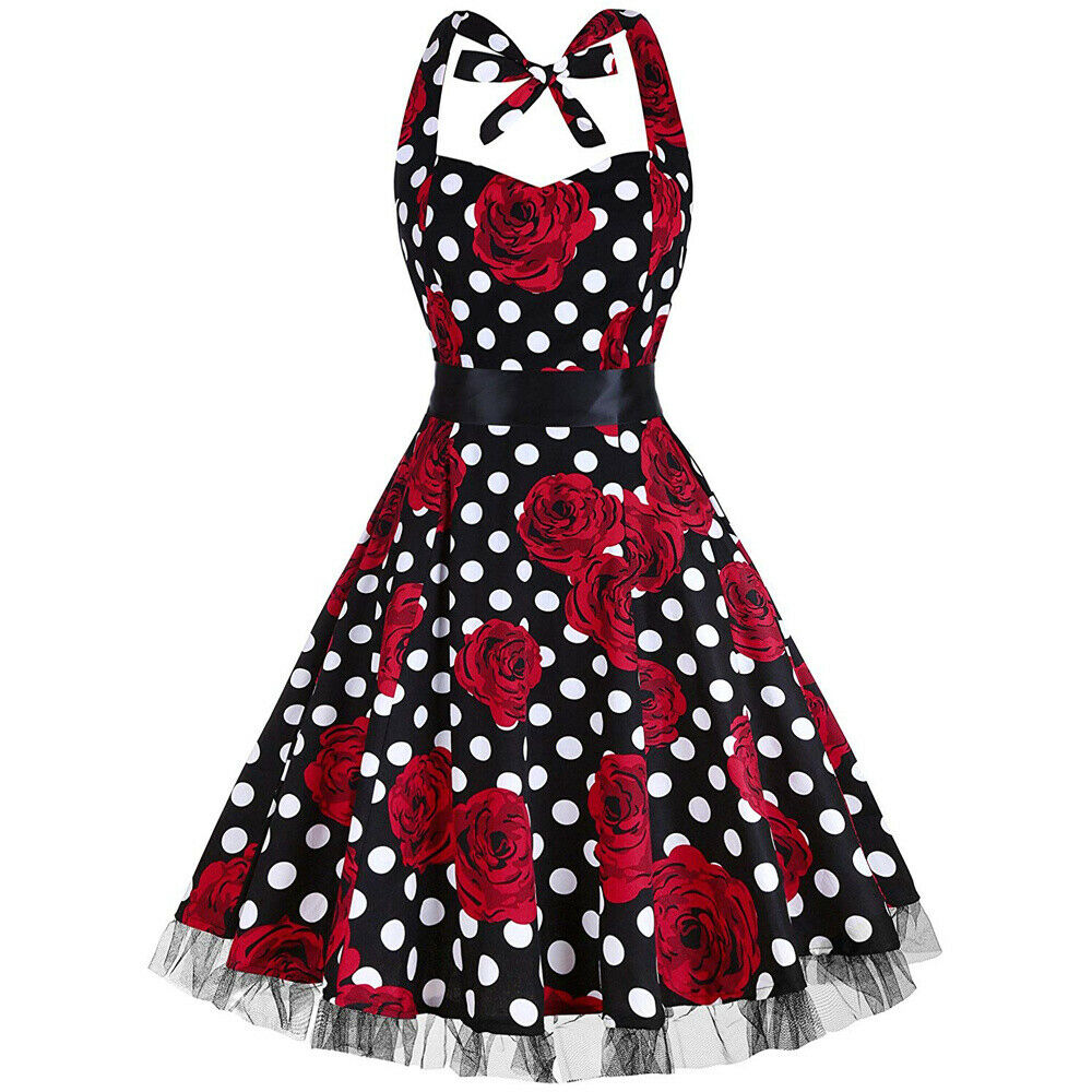 Women Vintage Halter 1950’s Rockabilly Pinup Dresses