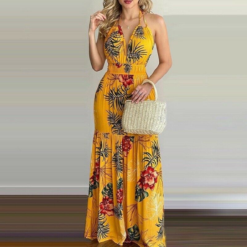 V Neck Backless Sleeveless Floral Summer Beach Loose Dress