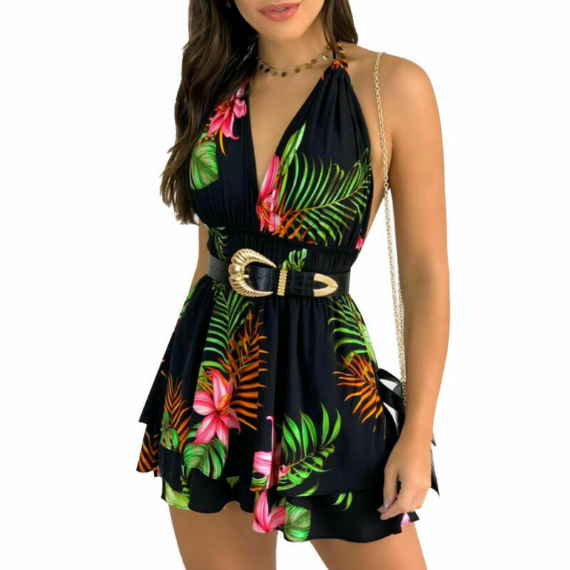 Womens Sleeveless Floral Boho Mini Dress