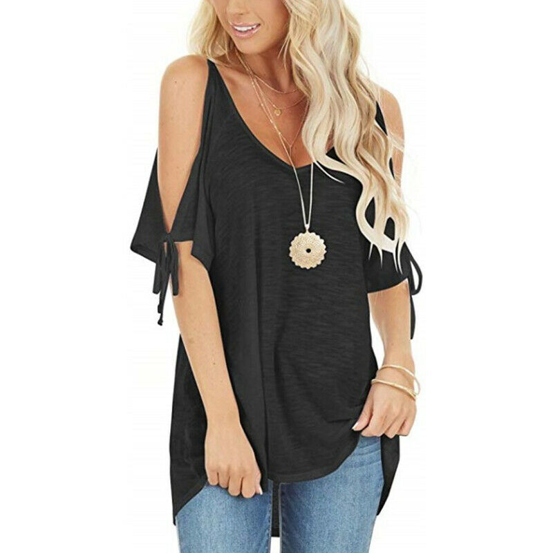 Cold Shoulder Short Sleeve Solid V Neck T Shirt