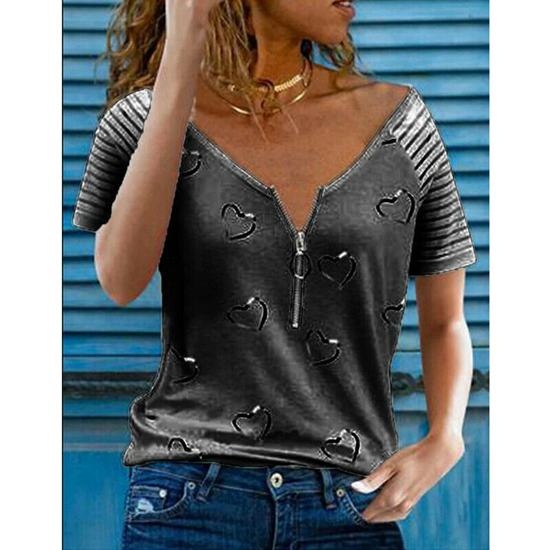 Zipper V Neck Short Sleeve T Shirt