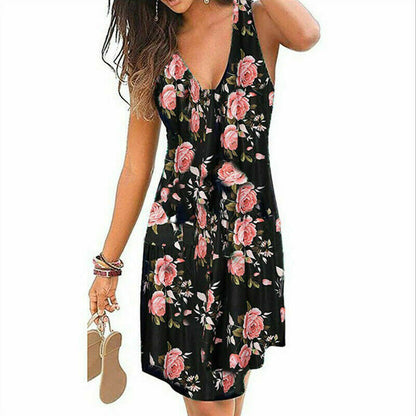 V Neck Sleeveless Floral Print Wrap Dress