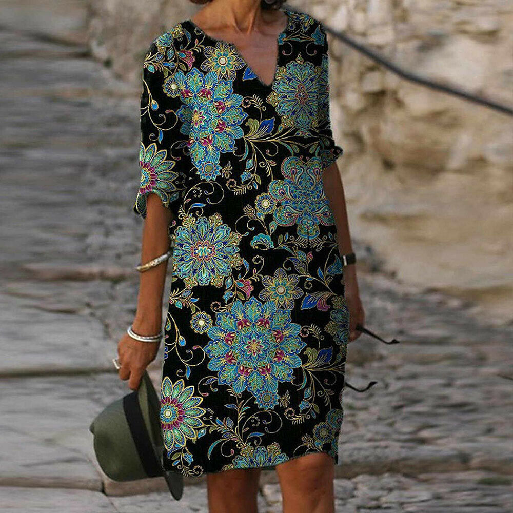 Women Boho Floral Casual Baggy Tunic Dress