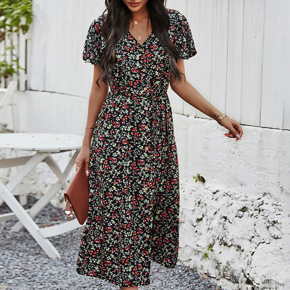 Casual Short Sleeve Split Maxi Dress