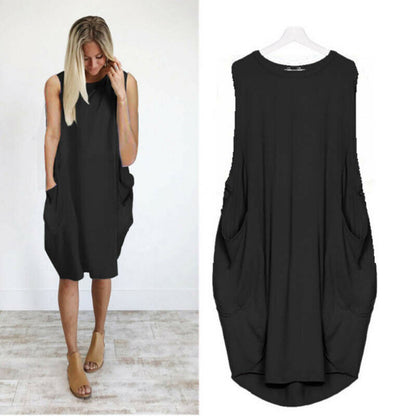 Solid Pockets Loose Tank Dress