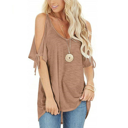 Cold Shoulder Short Sleeve Solid V Neck T Shirt