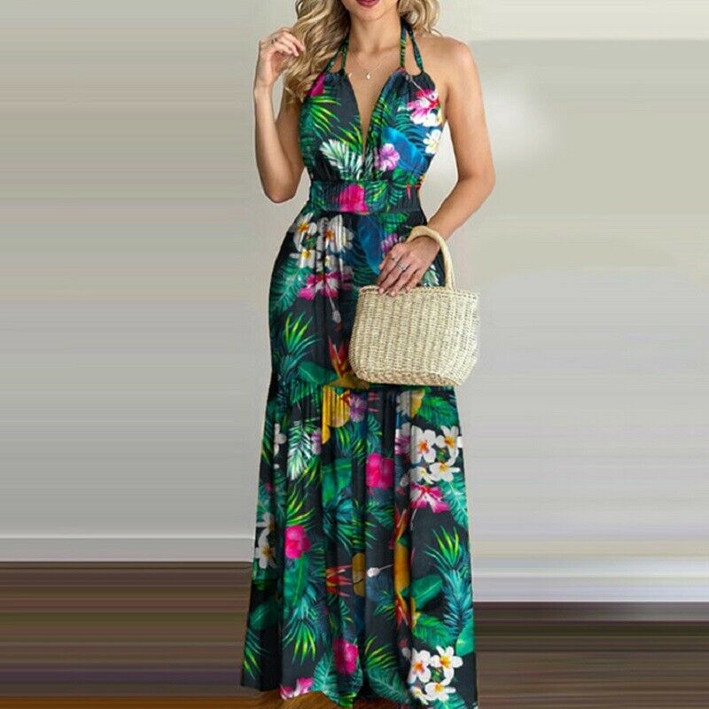 V Neck Backless Sleeveless Floral Summer Beach Loose Dress