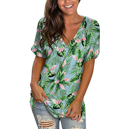 Short Sleeve V Neck Floral T Shirt