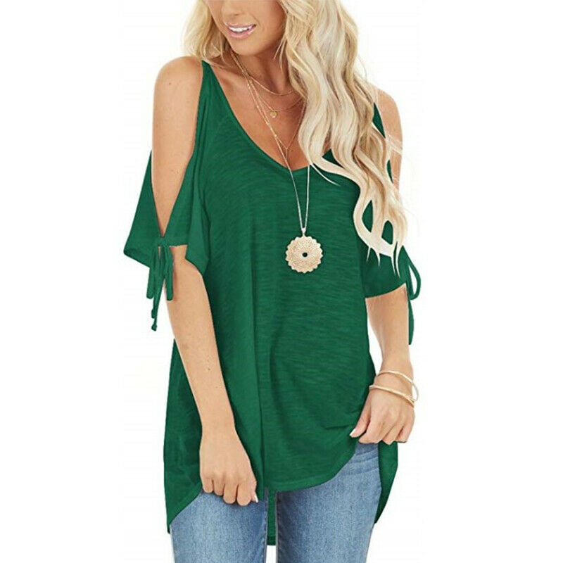 Cold Shoulder Short Sleeve Solid V Neck T Shirt