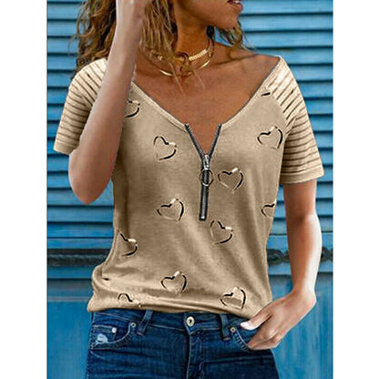 Zipper V Neck Short Sleeve T Shirt