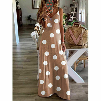 V Neck Dot Printing Casual Slim Loose Long Dress