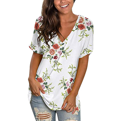 Short Sleeve V Neck Floral T Shirt