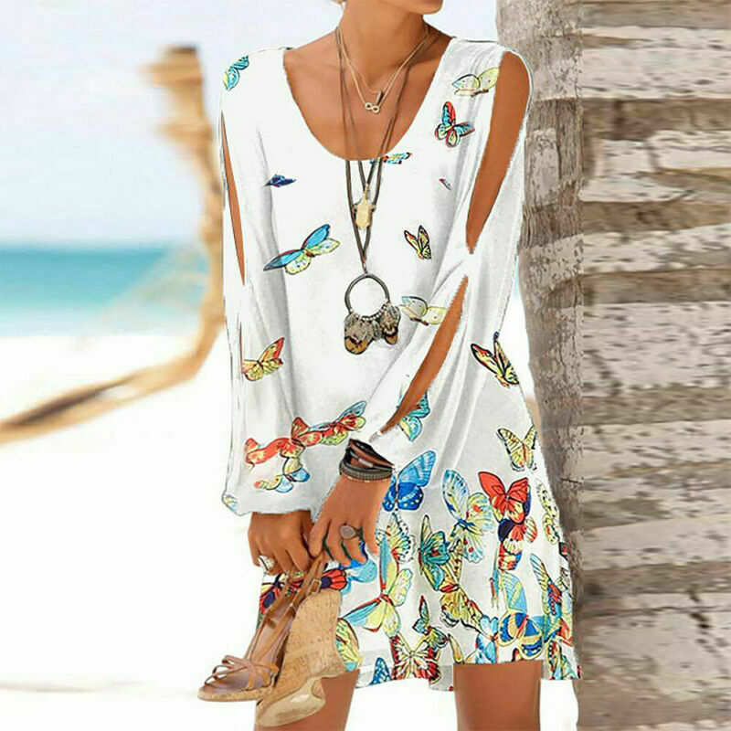 Women's Slit Long Sleeve Floral Mini Dress