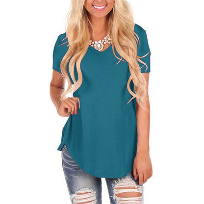 Short Sleeve V Neck Solid Blouse